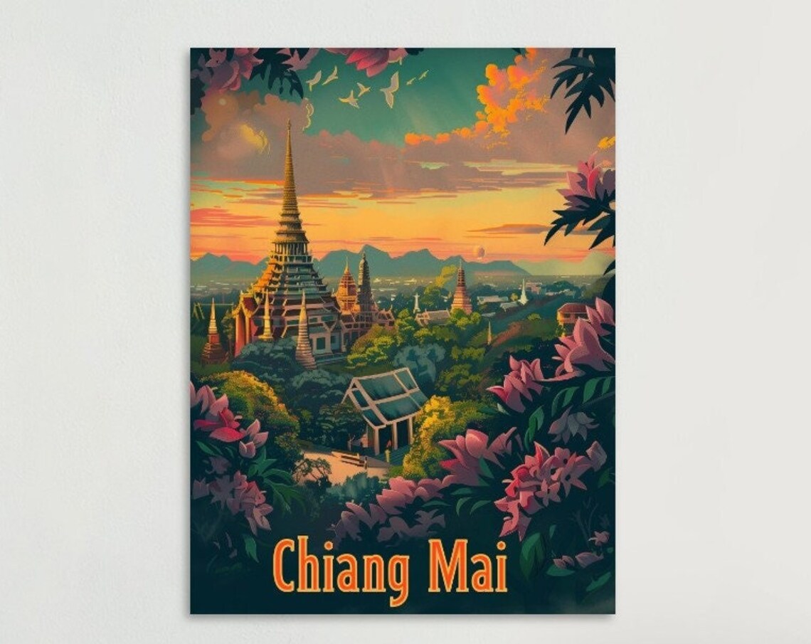 Chiang Mai Golden Chedi Sunset Flowers Temple Thailand Travel Poster