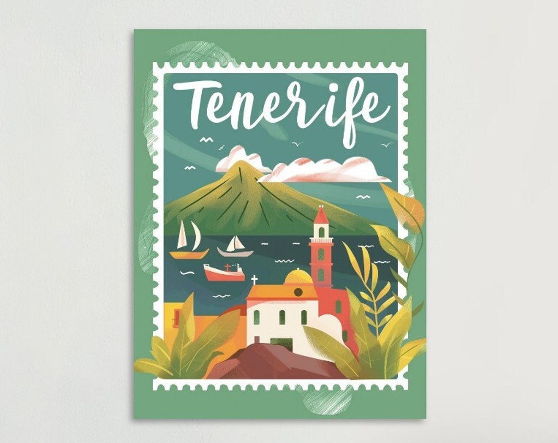 Tenerife Mount Teide Volcano Harbor Boats Stamp Style Travel Poster