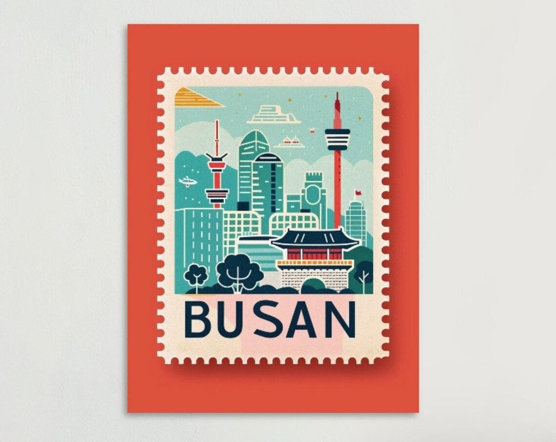 Busan Korea Harbor Skyline Temple Gate Stamp Travel Art Poster