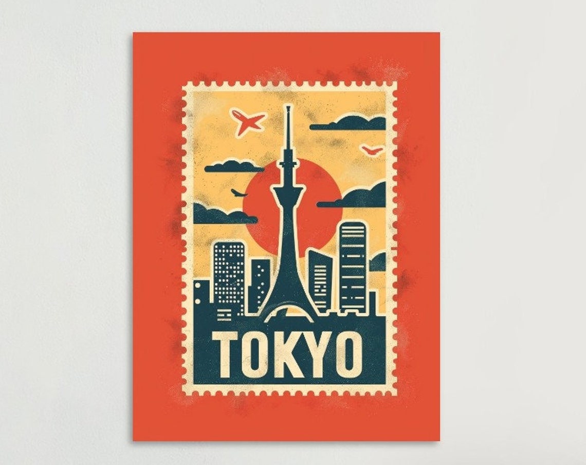 Tokyo Japan City Skyline Sunset Retro Postage Stamp Travel Poster