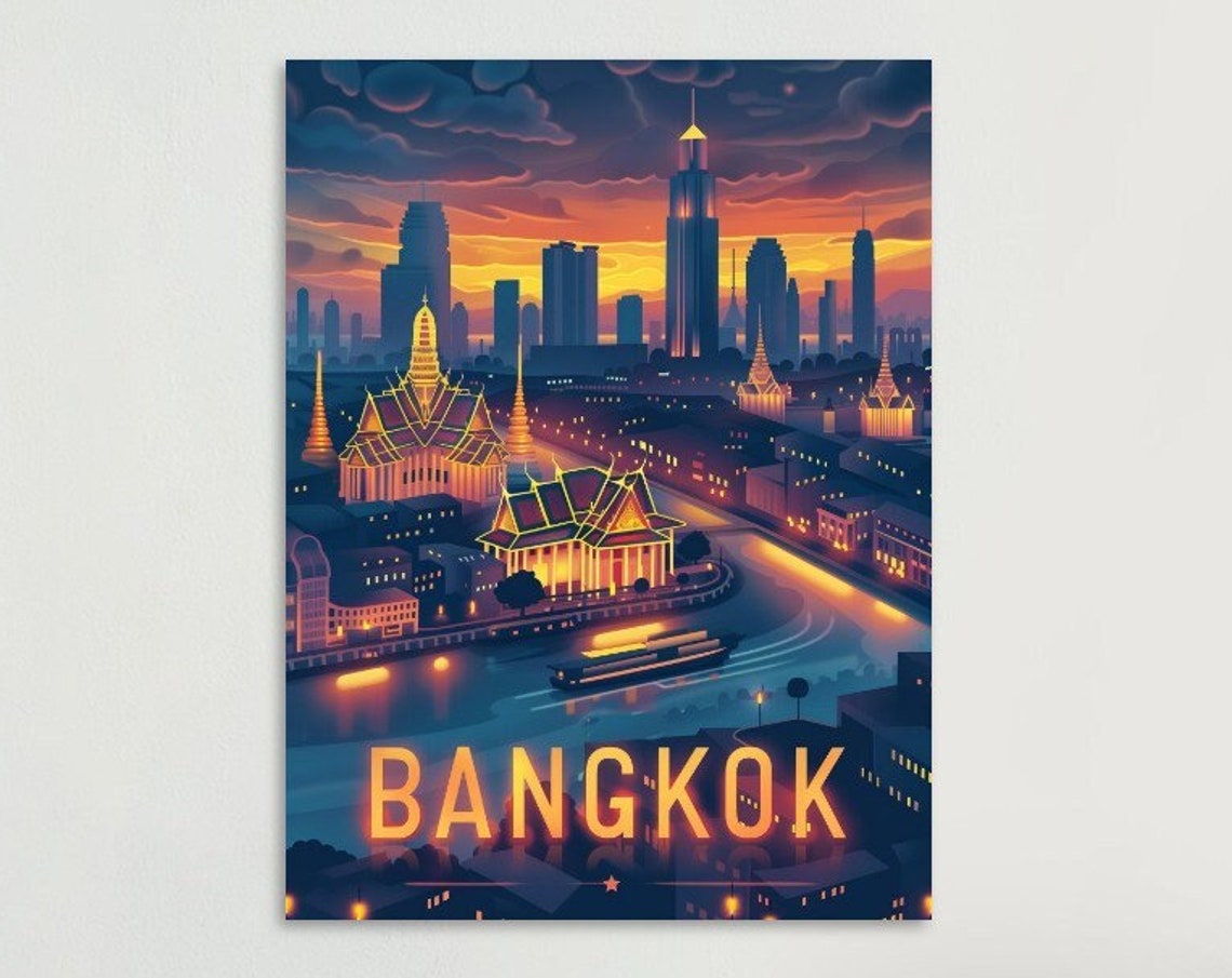 Bangkok Temples Night River Skyline Thai Golden City Glow Poster