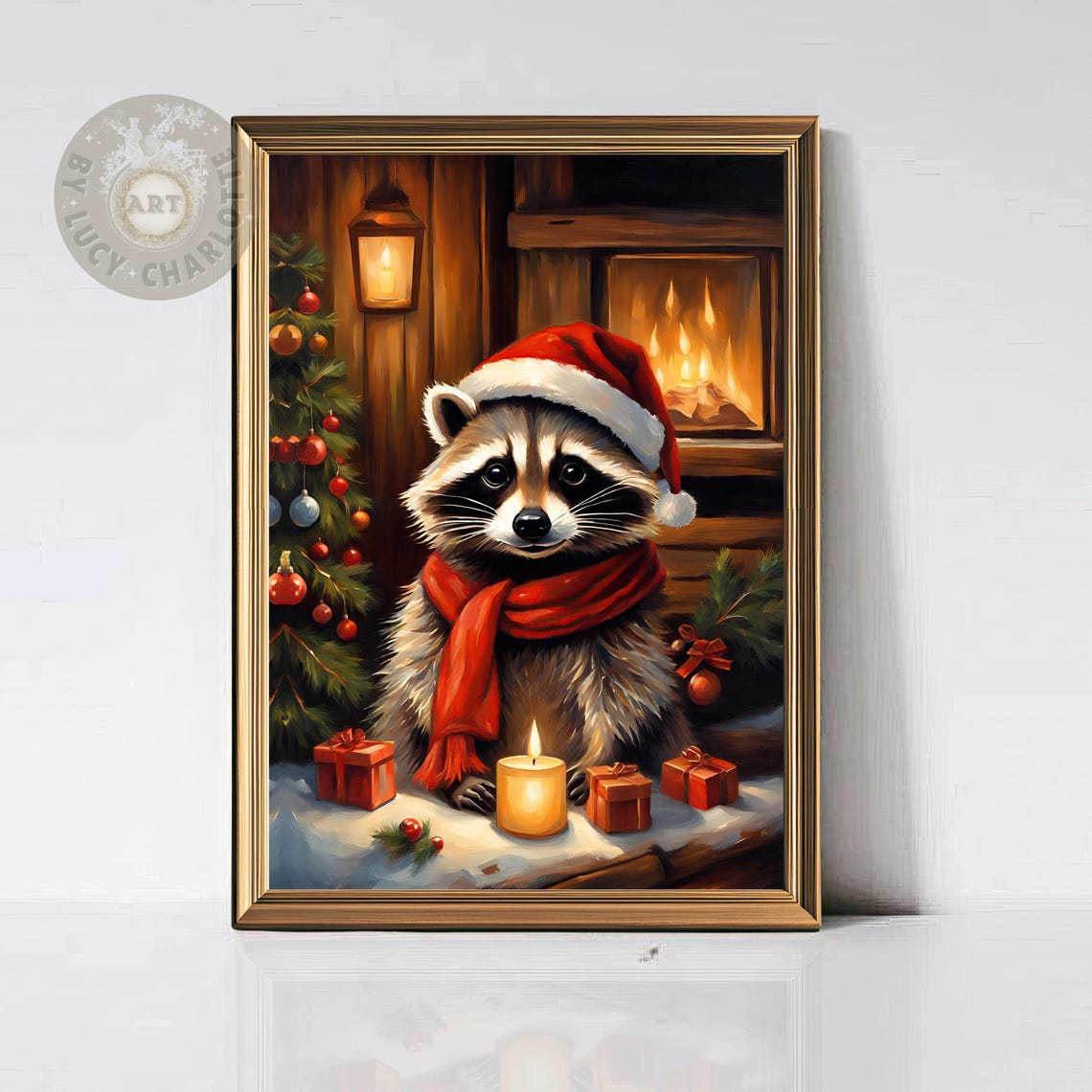 Christmas Raccoon Wall Art Cute Raccoon Print Christmas Raccoon In Santa Hat Wall Art Vintage Raccoon Painting Winter Poster