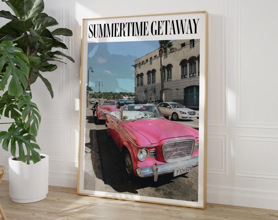 Summertime Getaway Pink Vintage Convertible Classic Car Poster