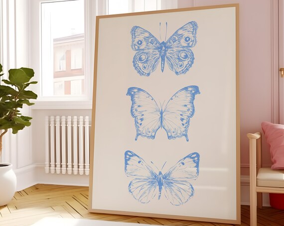 Blue Butterfly Art Print, Preppy Bedroom Decor