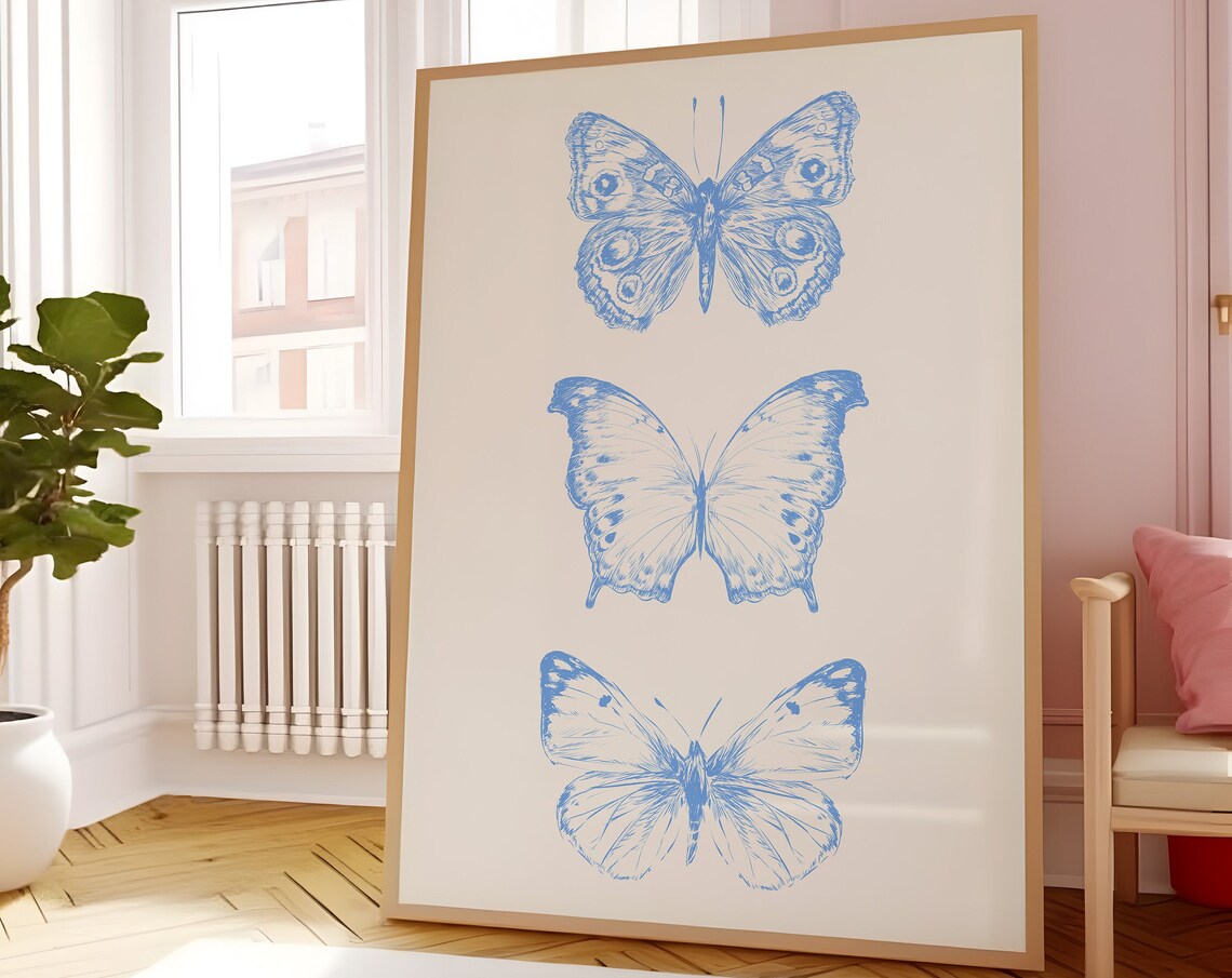 Blue Butterfly Art Print, Preppy Bedroom Decor