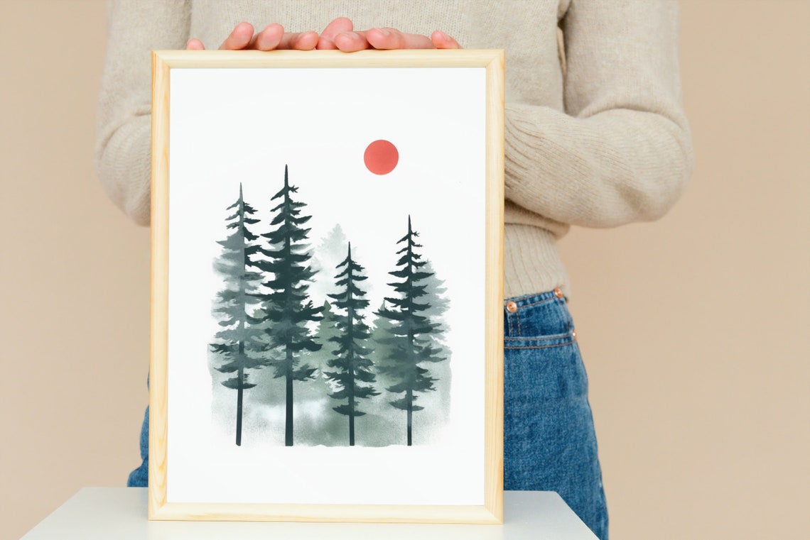 Watercolor Pine Trees Red Sun Evergreen Forest Minimalist Art Poster - Image 3