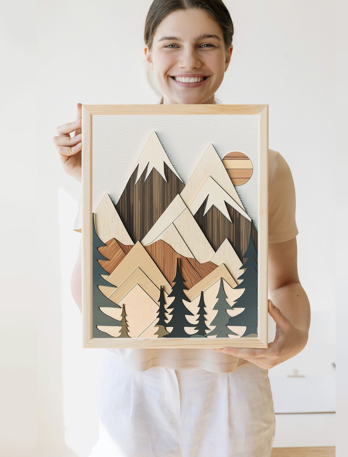 Wood Style Mountain Scene Art Print, Modern Lakehouse
