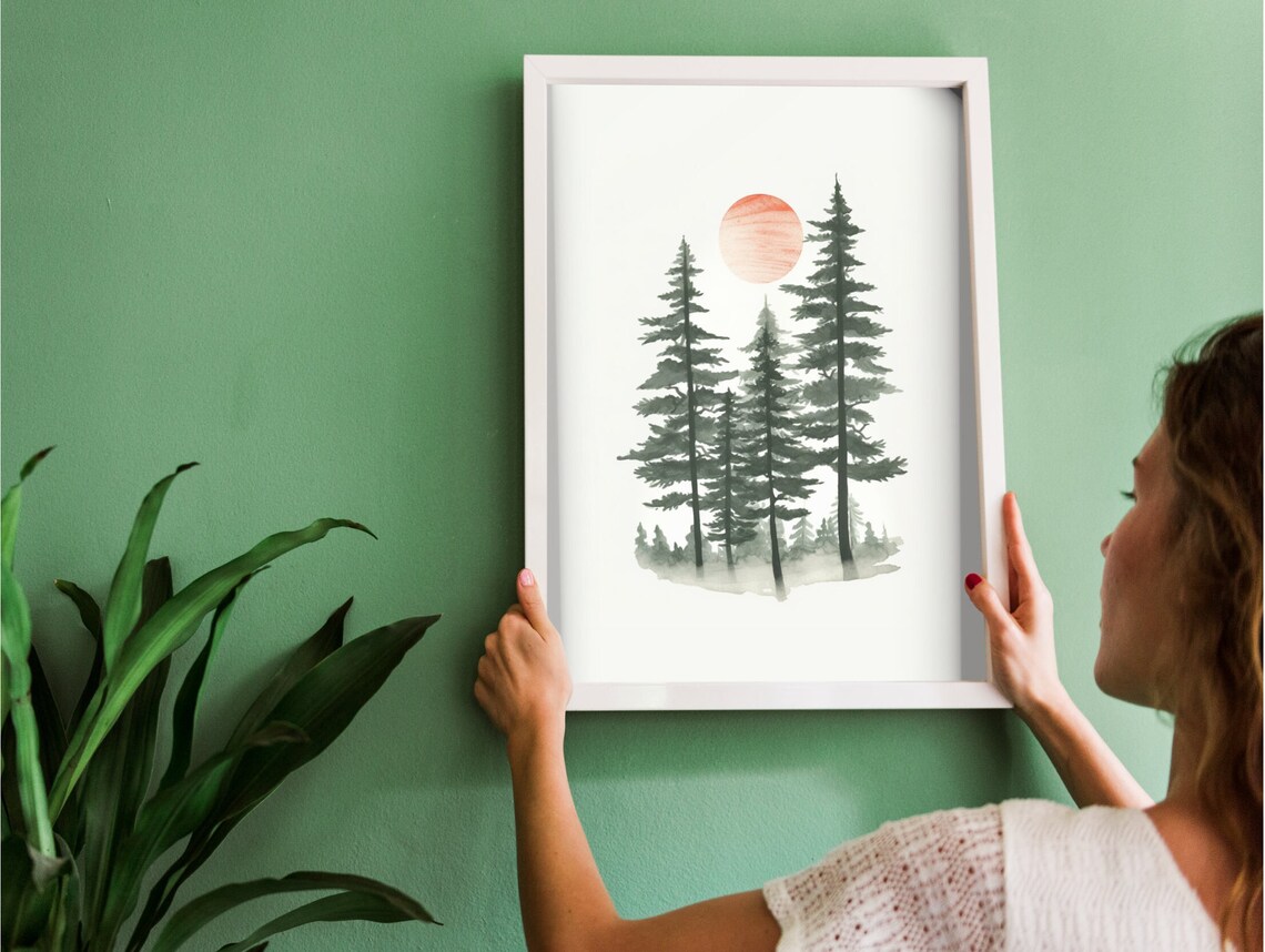 Minimalist Watercolor Pine Forest Red Sun Scandinavian Art Poster - Image 2