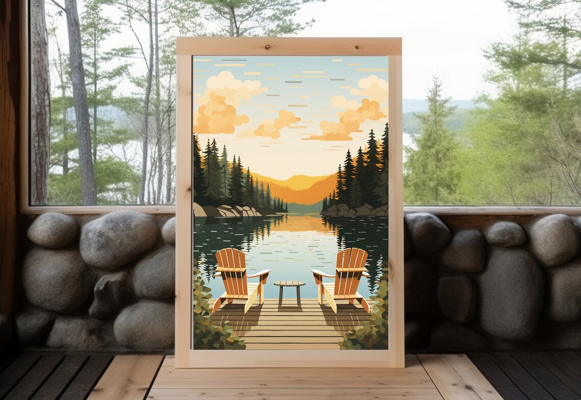 Sunset Adirondack Chairs Vintage Lake House Art Print - Image 3