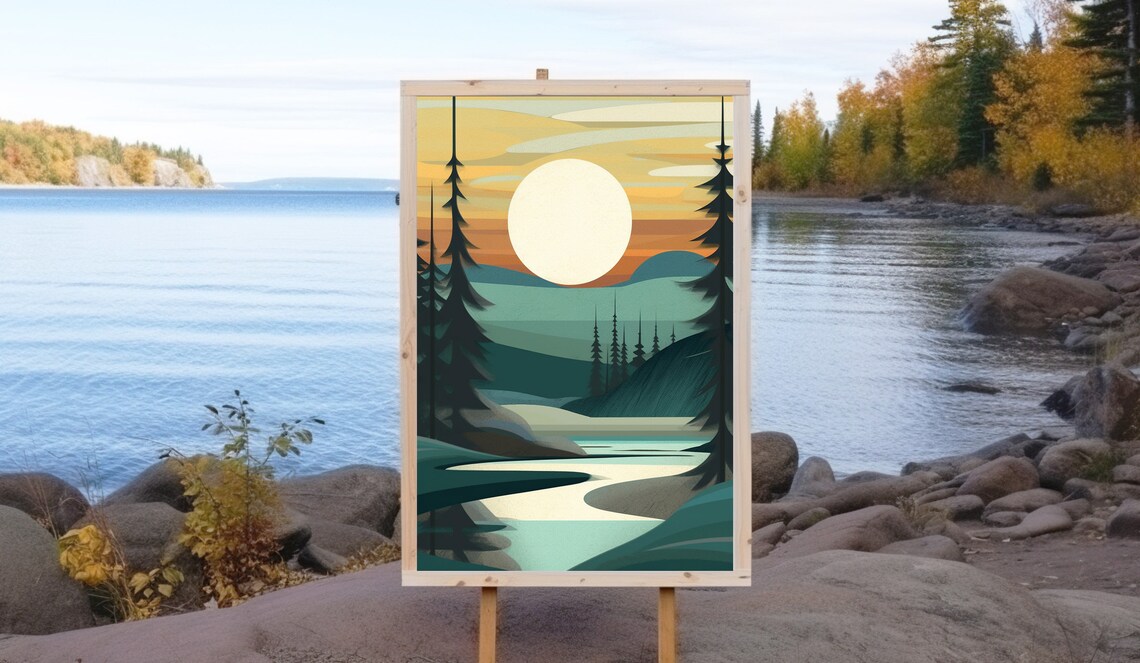 Vintage River Print, Rustic Cabin Nature Art - Image 2