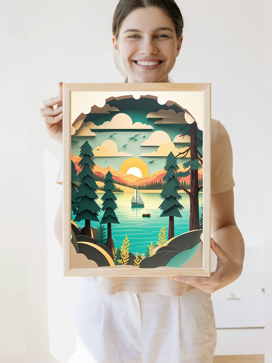 Sailboat Lake Sunset Pine Trees Paper Cut Style Summer Poster