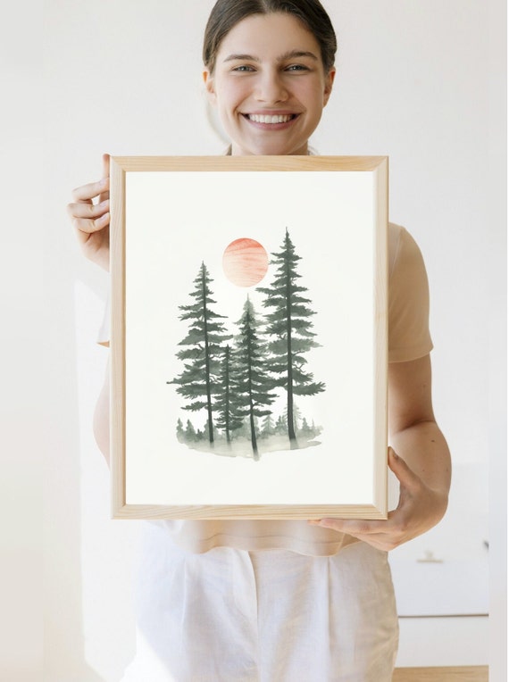 Pine Tree Wall Print Scandinavian Decor Winter Wall Print Pine Tree Art Evergreen Nordic Watercolor Forest Print