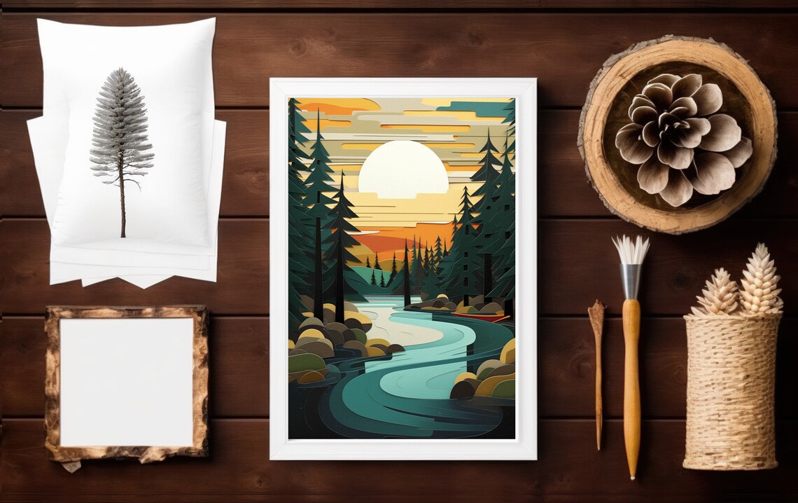 Vintage Pine Tree Sunset Art Print, Lake Superior - Image 3