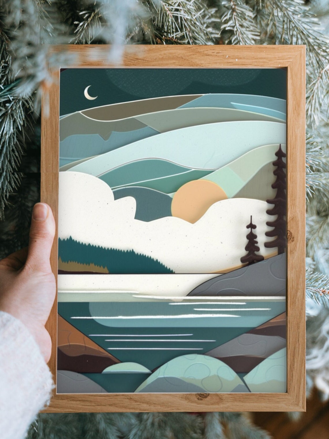 Moonlit Lake Waves Layered Paper Cut Style Night Landscape Poster - Image 4