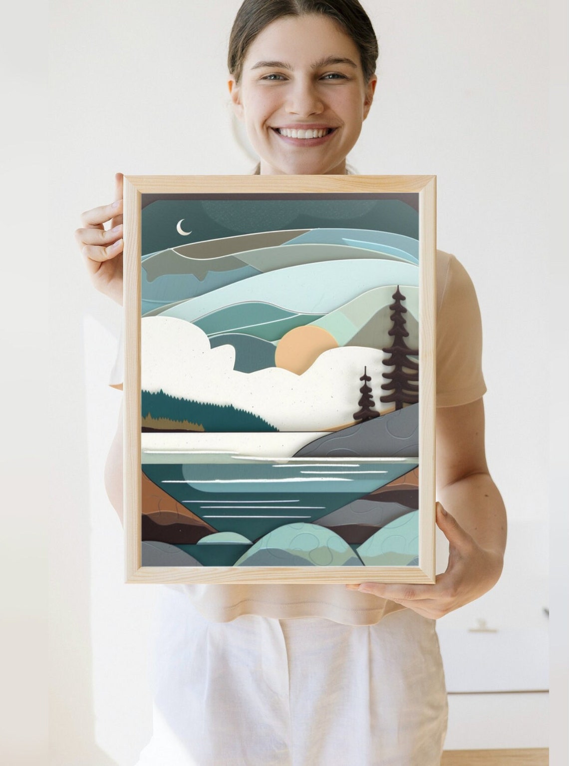 Moonlit Lake Waves Layered Paper Cut Style Night Landscape Poster
