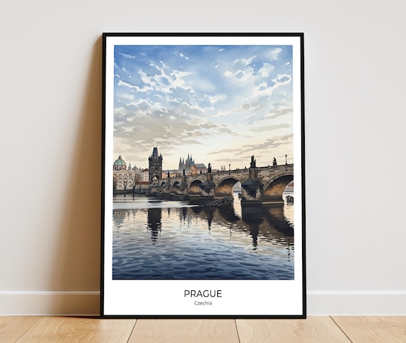 Prague Charles Bridge Evening Watercolor Czechia Travel Poster