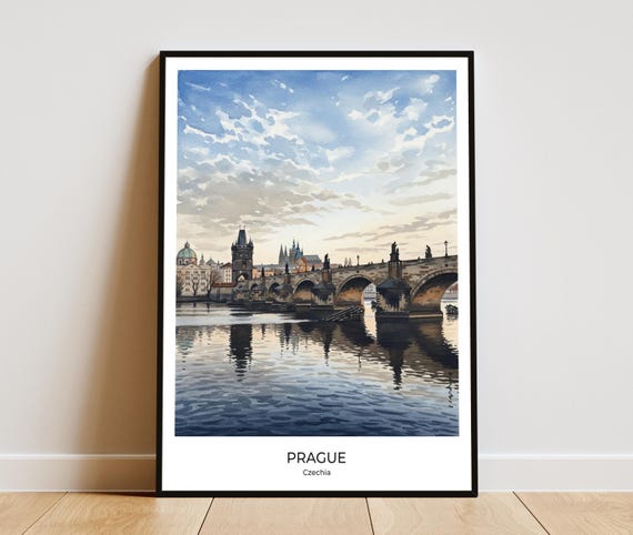 Prague Charles Bridge View Watercolor Print Czechia Travel Poster Art Home Office