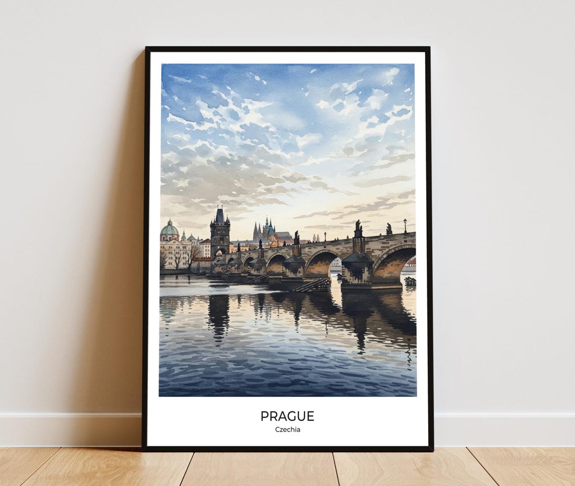 Prague Charles Bridge Evening Watercolor Czechia Travel Poster