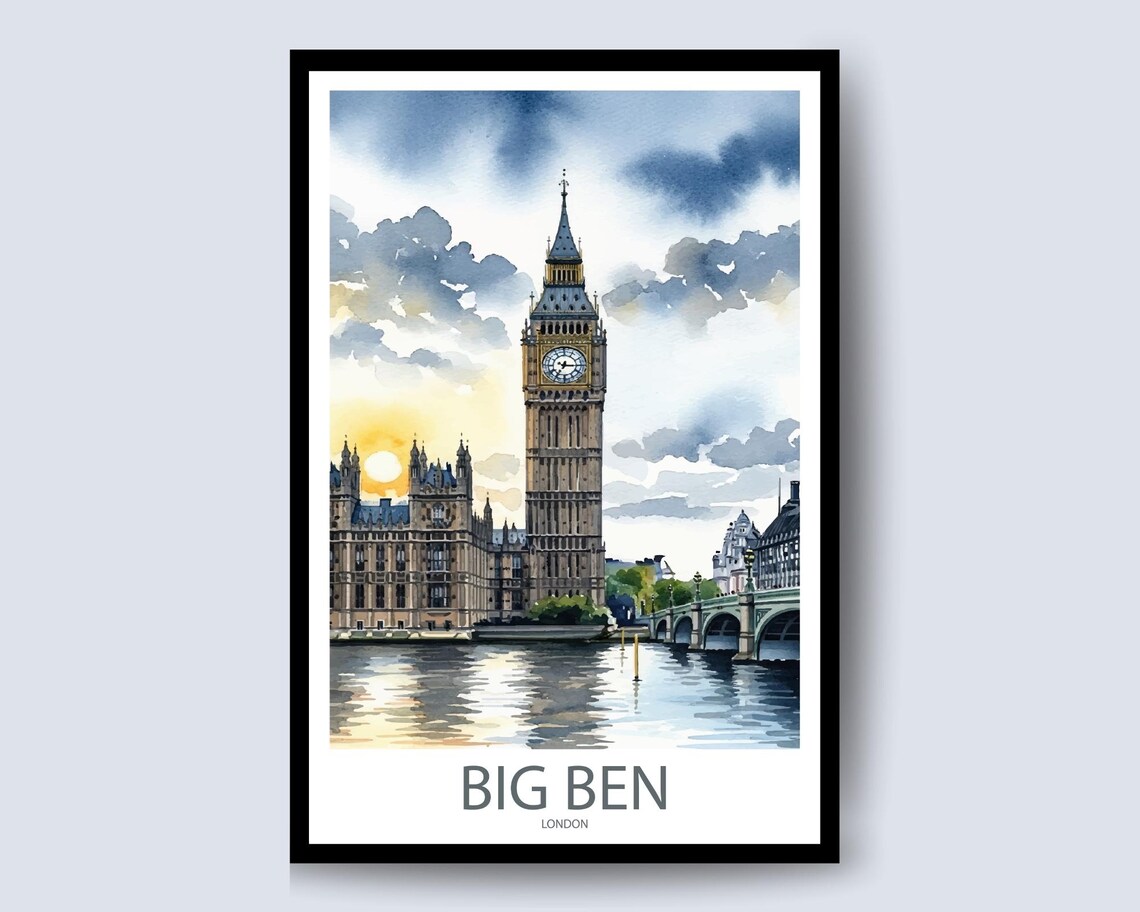 Big Ben London Watercolor Morning Sun Thames Bridge Cityscape Poster