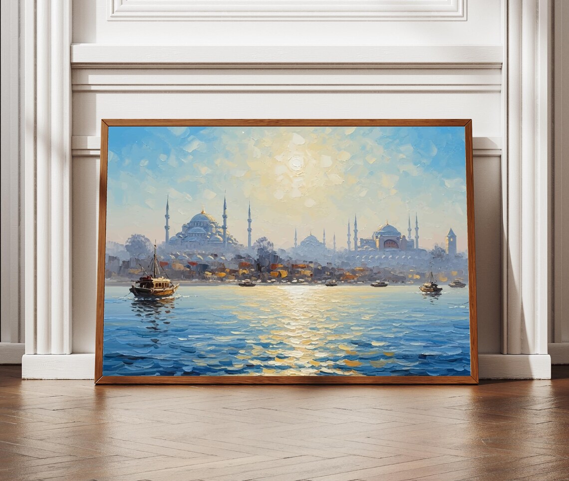 Istanbul Blue Mosque Bosphorus Textured Skyline Oil Painting Poster