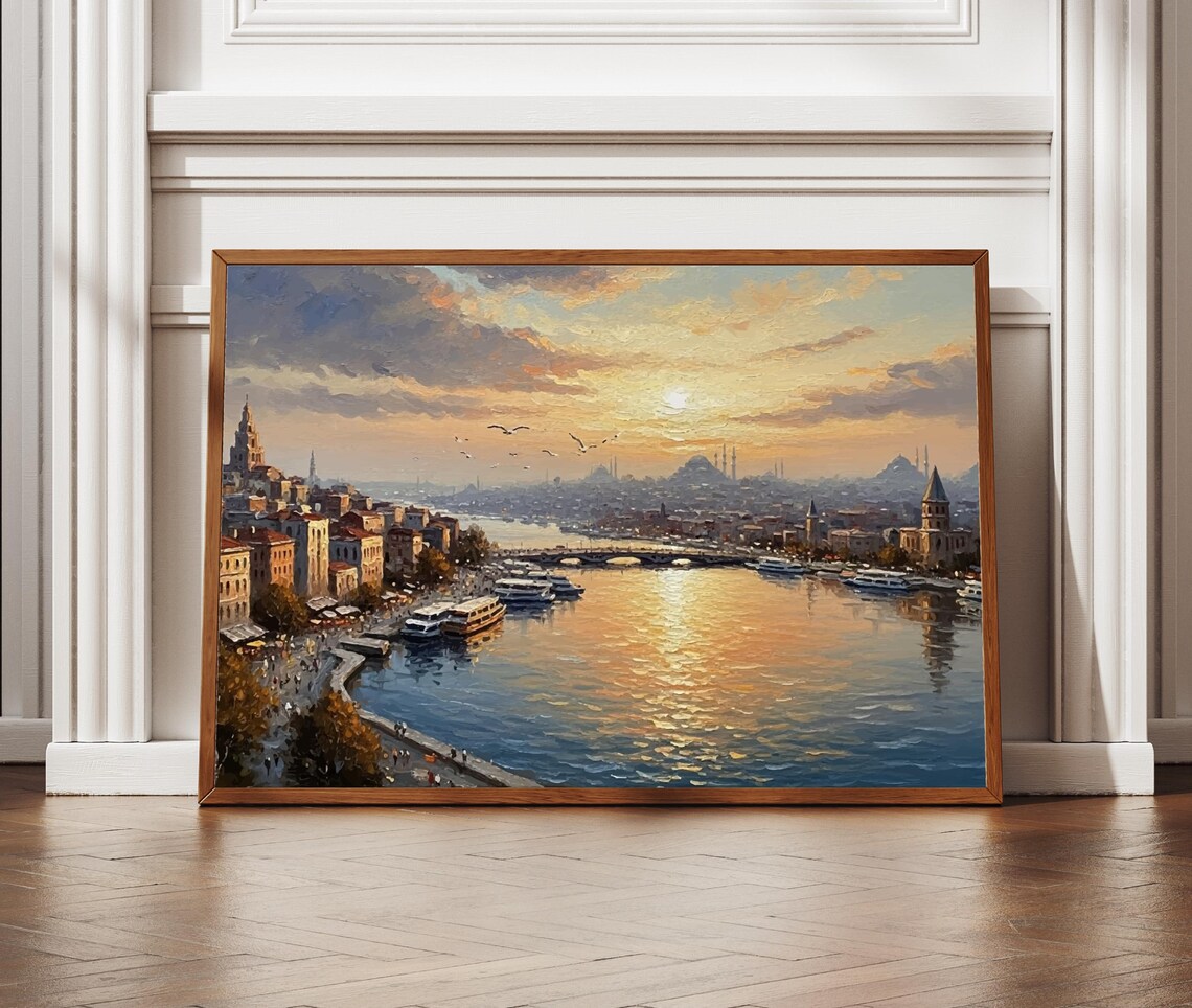 Istanbul Sunset Oil Painting Bosphorus Harbor Seagulls Boats Wall Poster