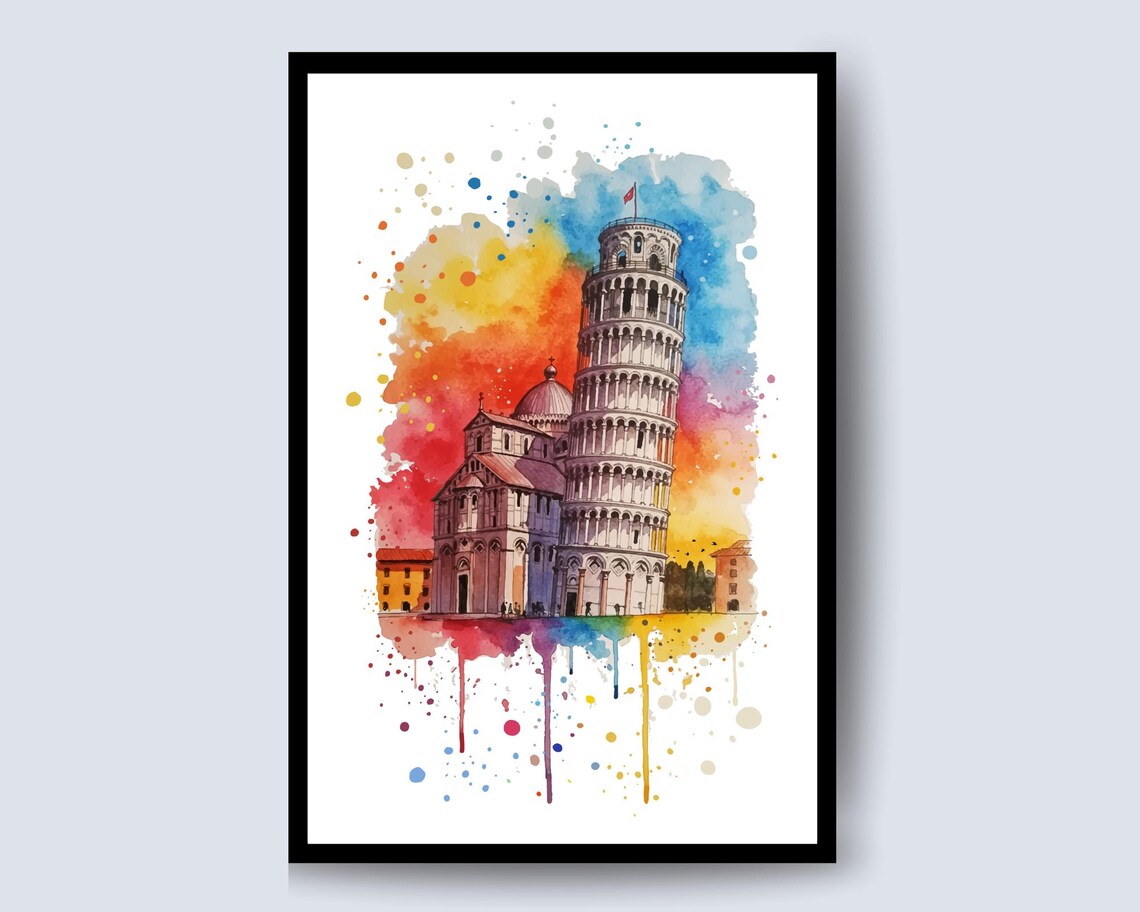 Leaning Tower Of Pisa Italy Watercolor Splash Art Travel Poster