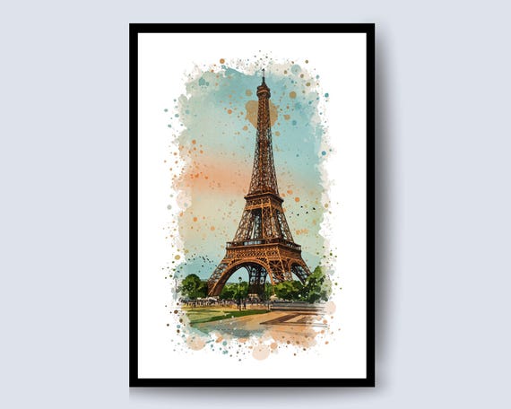 Watercolor Eiffel Tower Landscape Art Paris Illustration Travel Poster Parisian Print