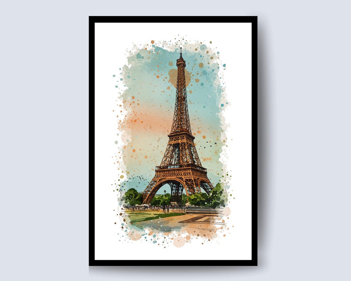 Watercolor Eiffel Tower Landscape Art Paris Illustration Travel Poster Parisian Print