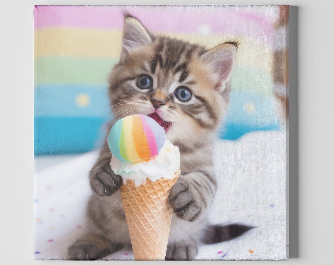 Cute Baby Cat Eating Ice Cream, Kid Nursery Art Print - Image 2