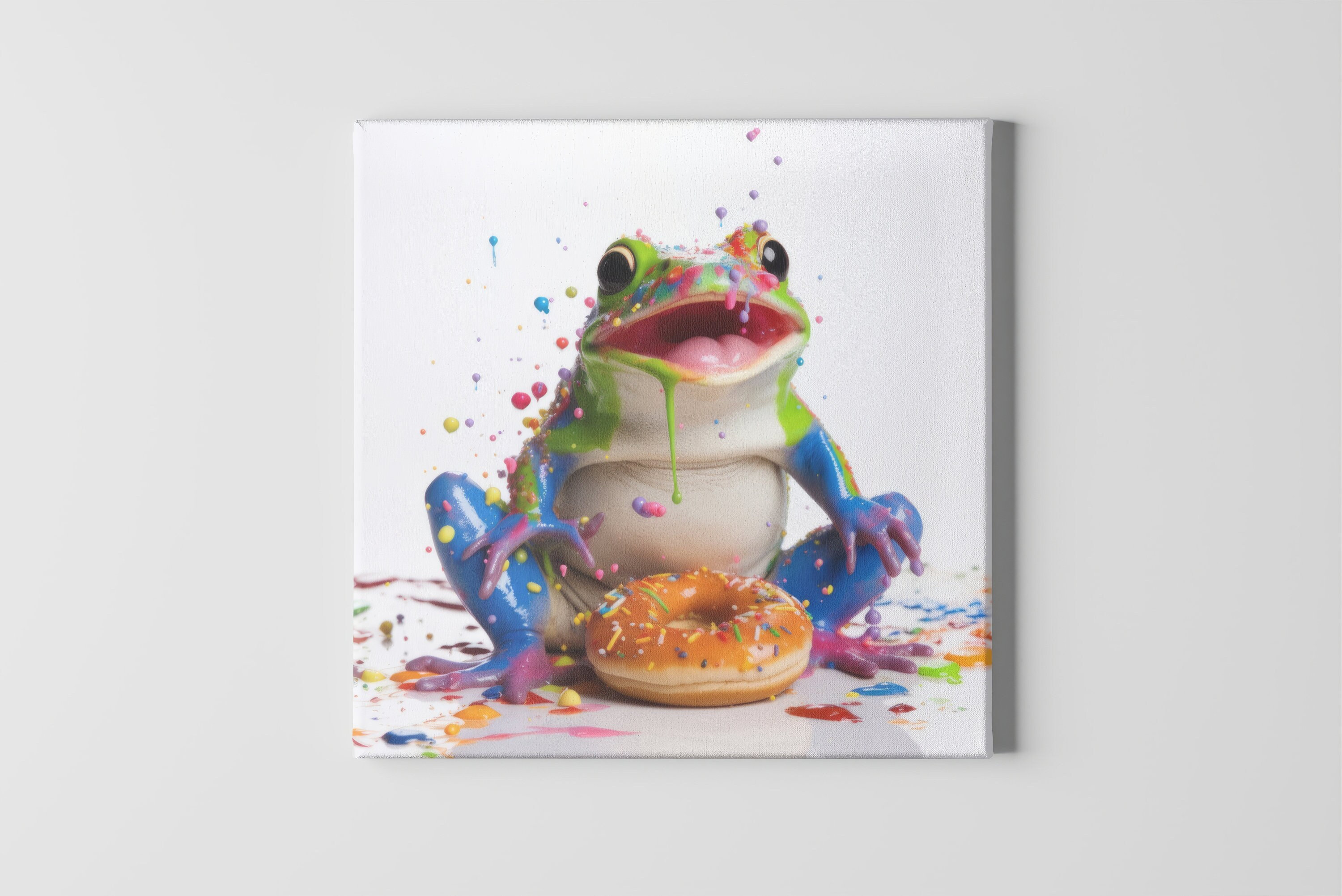 Funny Frog Eating a Donut Art Print, Nursery Decor