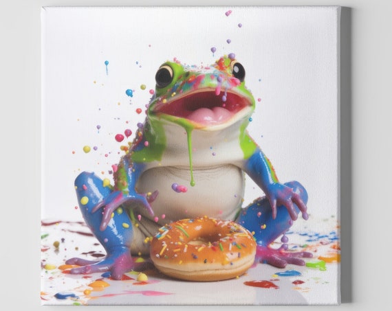 Funny Frog Eating a Donut Art Print, Nursery Decor