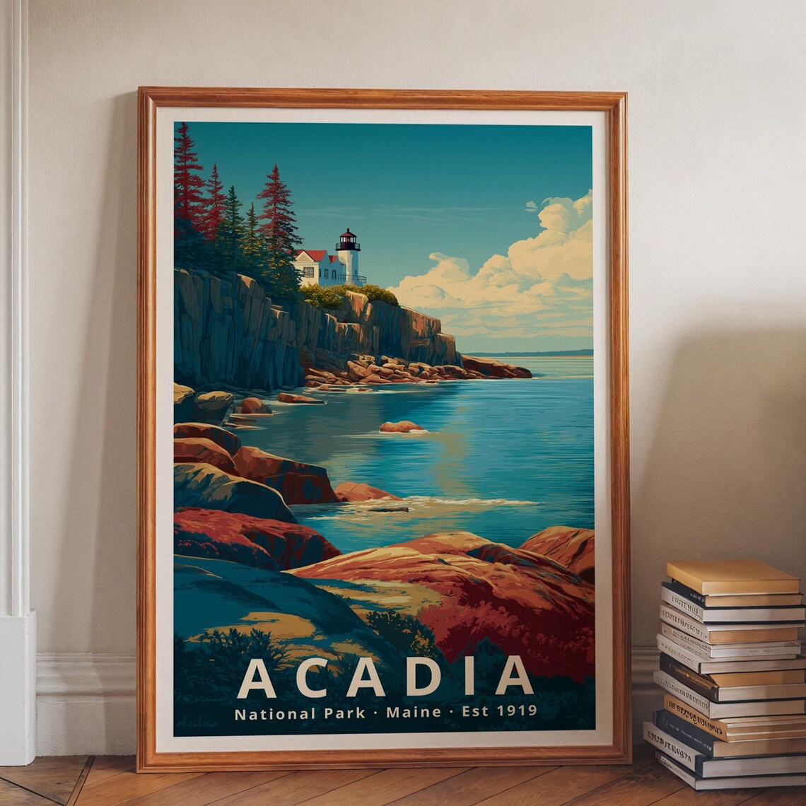 Acadia National Park Maine Lighthouse Rocky Coast Travel Poster