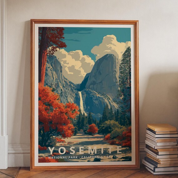 Yosemite National Park Half Dome Waterfall Vintage Travel Art Poster