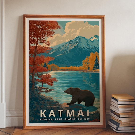 Katmai National Park Vintage Travel Poster Alaska Bear Lake Art