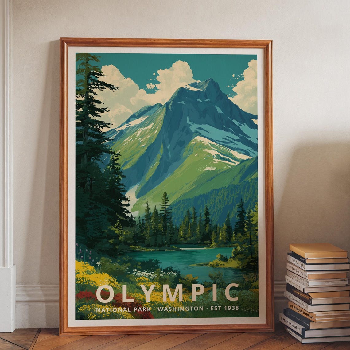 Olympic National Park Washington Green Peak Lake Retro Travel Poster
