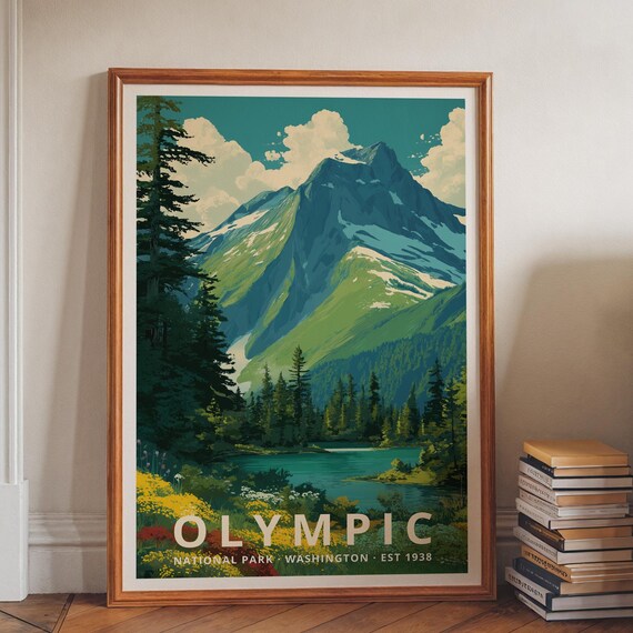 Olympic National Park Washington Green Peak Lake Retro Travel Poster