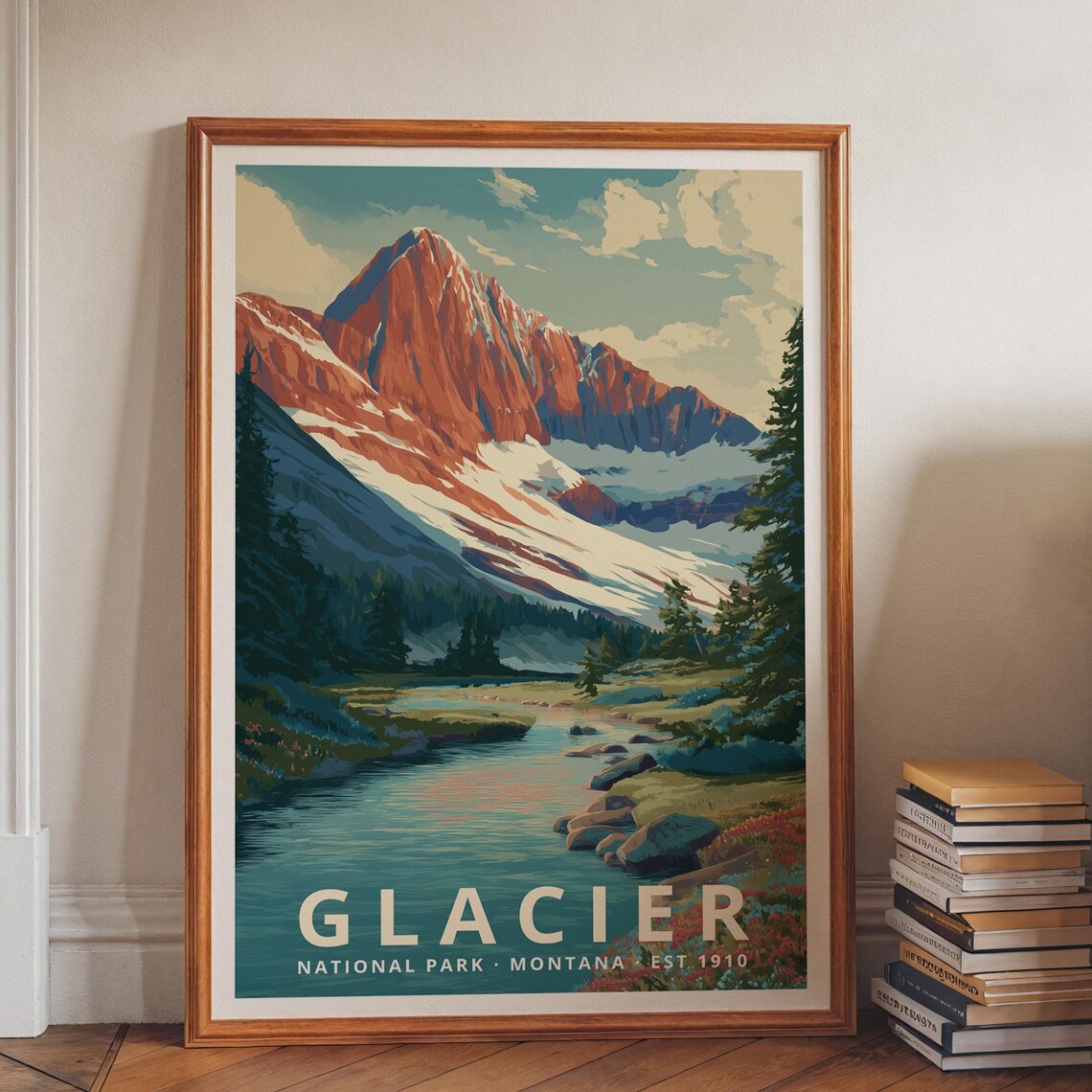Glacier National Park Poster Nature Landscape Wall Art Decor Retro Travel Print