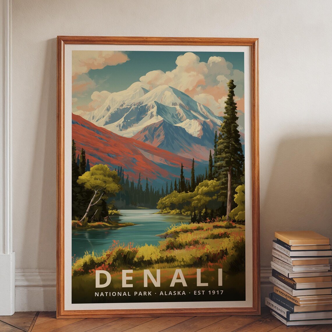 Denali National Park Alaska Snowcapped Peak Lake Vintage Travel Poster
