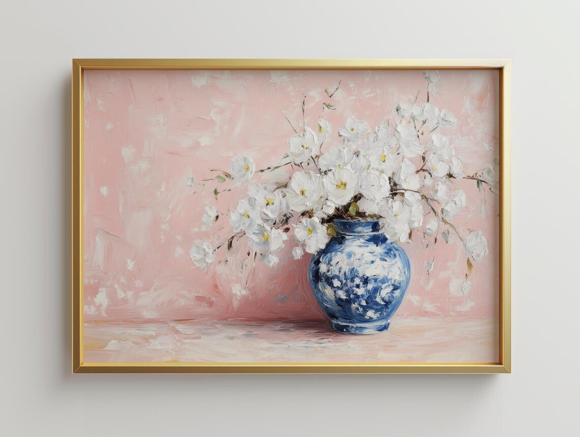 White Blossoms Blue Chinoiserie Vase Pink Oil Painting Floral Poster