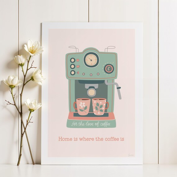 Retro Coffee Machine Coffee Quote, Kitchen Art