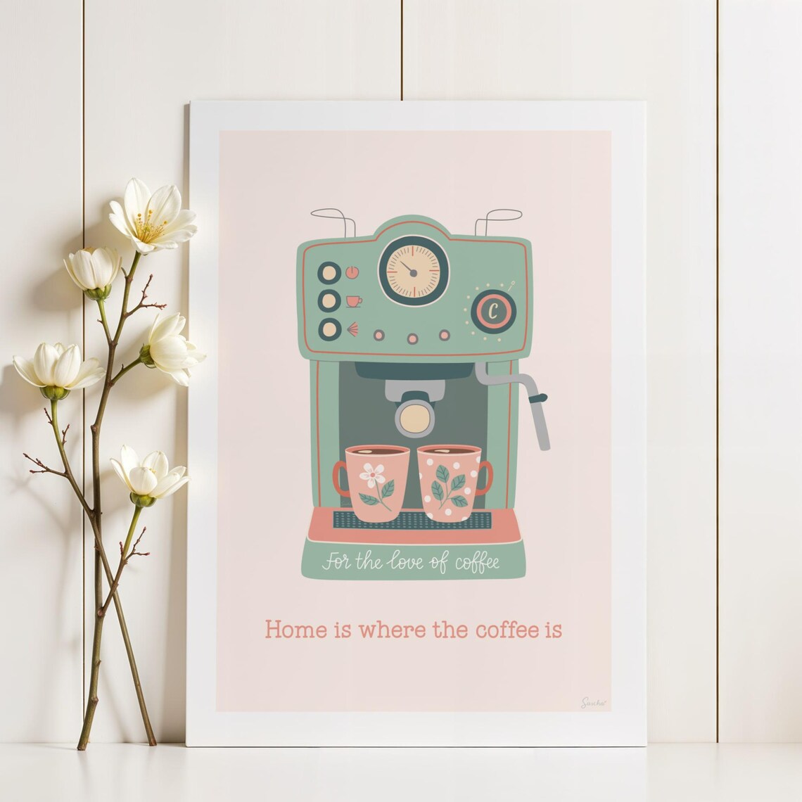Retro Coffee Machine Coffee Quote, Kitchen Art