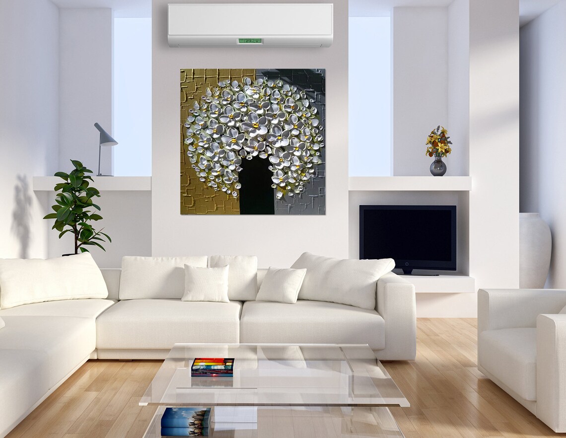 White Floral Bouquet In Black Vase Gold Grey Canvas Oil Poster - Image 2