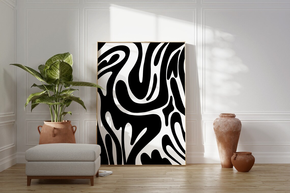 Black White Wavy Groovy Abstract Swirl Modern Minimalist Poster - Image 2