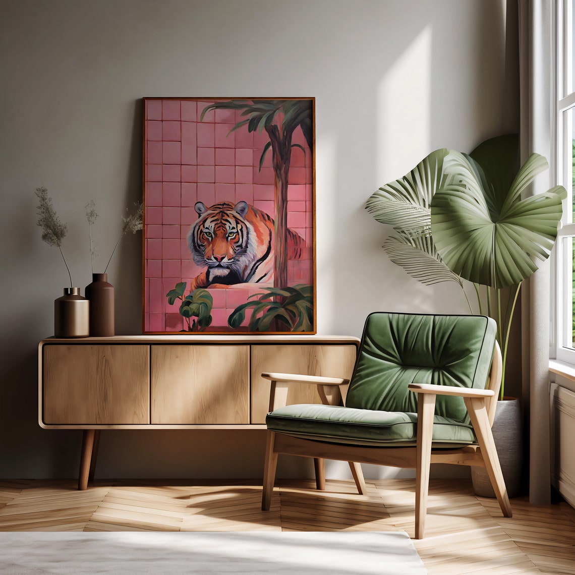 Tiger Resting By Pink Tiled Wall Maximalist Painterly Animal Poster - Image 3