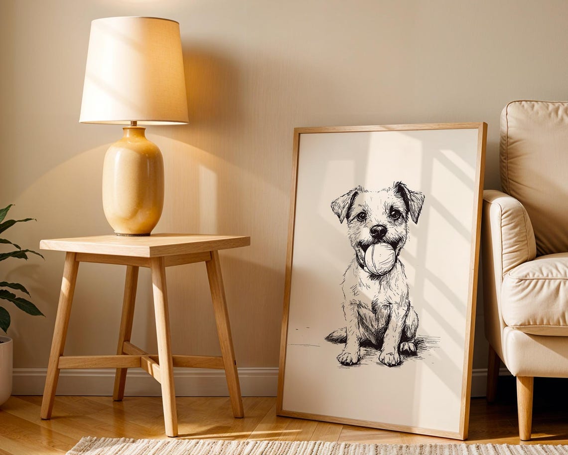 Jack Russell Terrier With Ball Vertical Ink Sketch Nursery Poster - Image 2