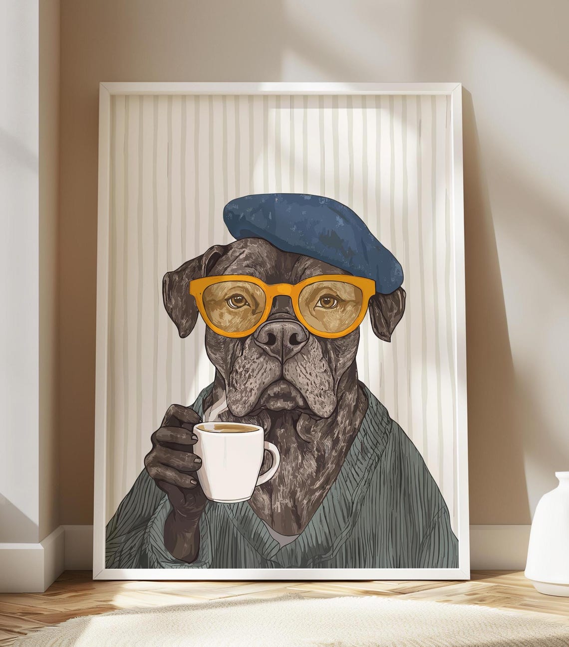 Boxer in Blue Beret and Yellow Glasses Holding Coffee Mug Poster