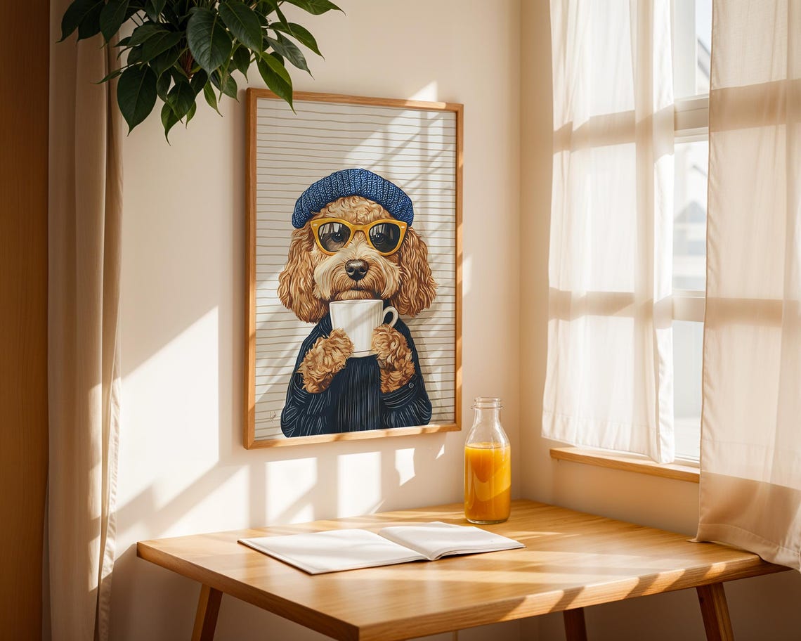 Goldendoodle in Knit Beanie and Sunglasses Holding Mug Poster - Image 2