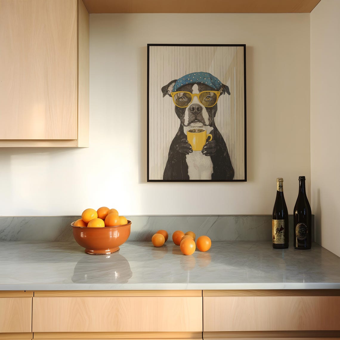Pit Bull in Blue Bandana and Sunglasses Holding Coffee Poster - Image 2
