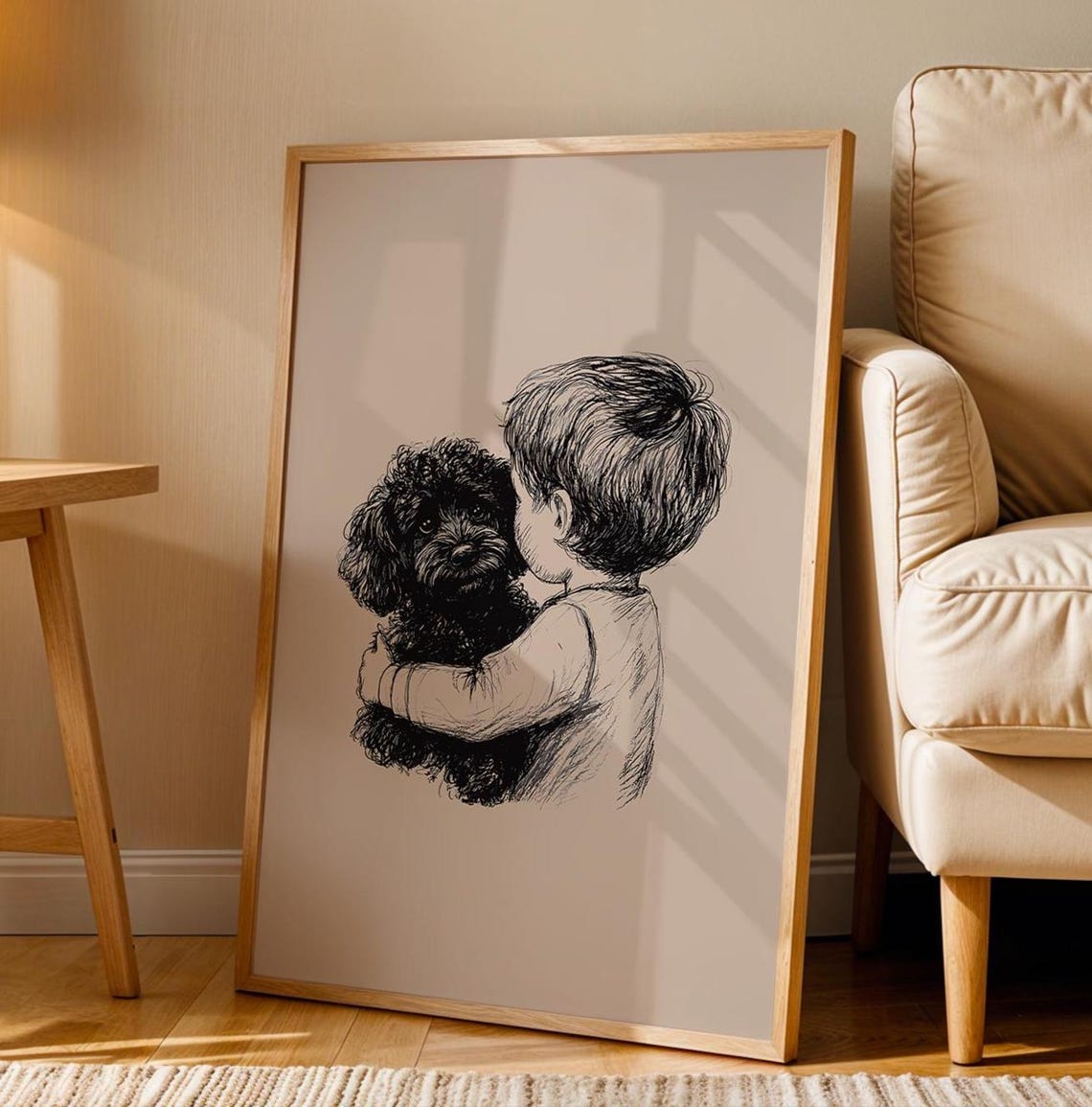 Boy Hugging Poodle Dog Sweet Ink Sketch Pet Lover Art Poster - Image 3