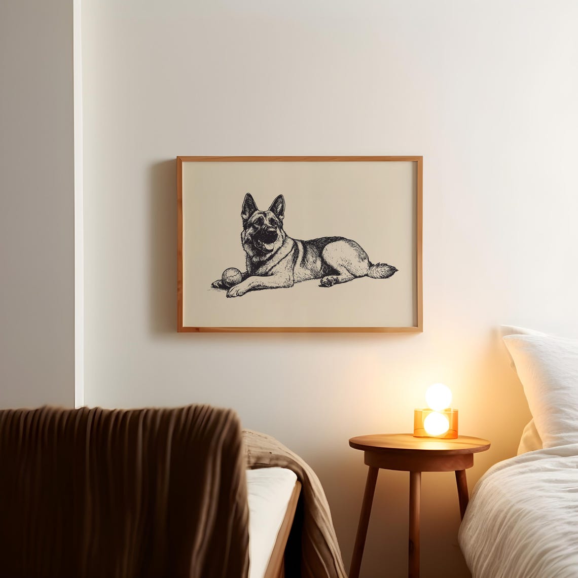 German Shepherd Resting With Ball Vintage Style Ink Sketch Poster - Image 2